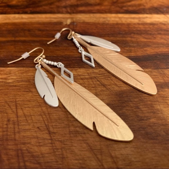 Double Metal Feather Dangle Earrings Mostly Gold - Picture 6 of 6